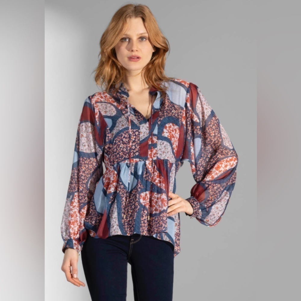 Shoshanna Silk Chiffon Floral Paisley Patchwork Tie Neck Blouse
